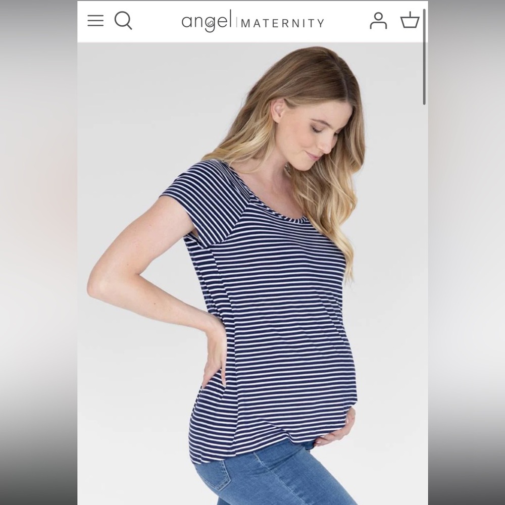 Angel Maternity Petal Front Short Sleeve Nursing Top in Navy Stripes Small EUC